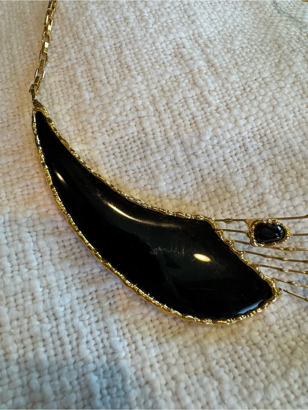 Vintage 80s Asymmetrical Black Enamel Gold Wire Bib Collar Necklace Gala Fancy